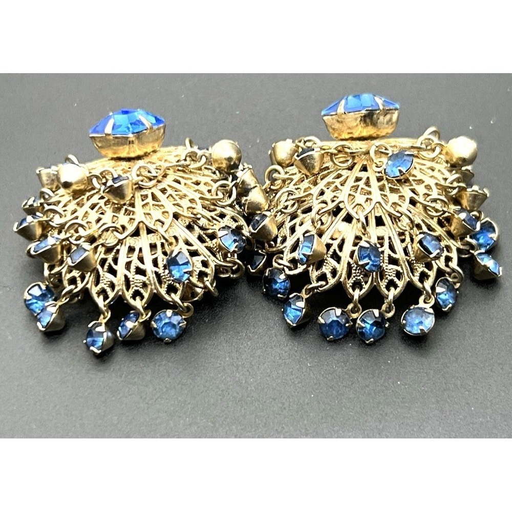Vintage 50's Blue rhinestones clip on earrings 1.5" prong filigree cluster